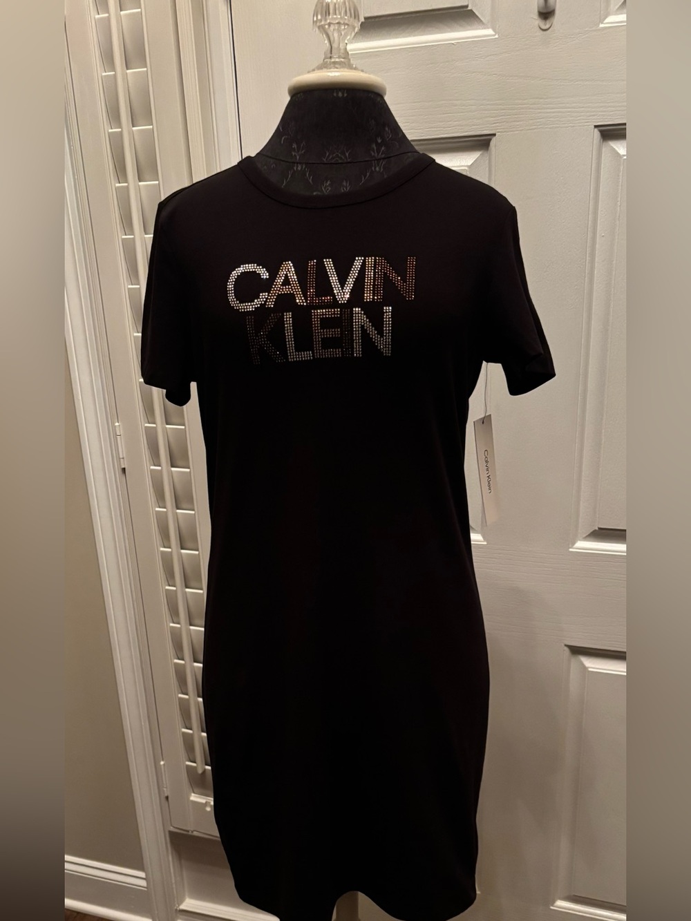 NWT Calvin Klein Black Midi Logo Tee Dress with Crystal Detail- Small